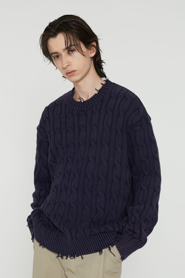 VINTAGE WASHED CABLE KNIT_NAVY
